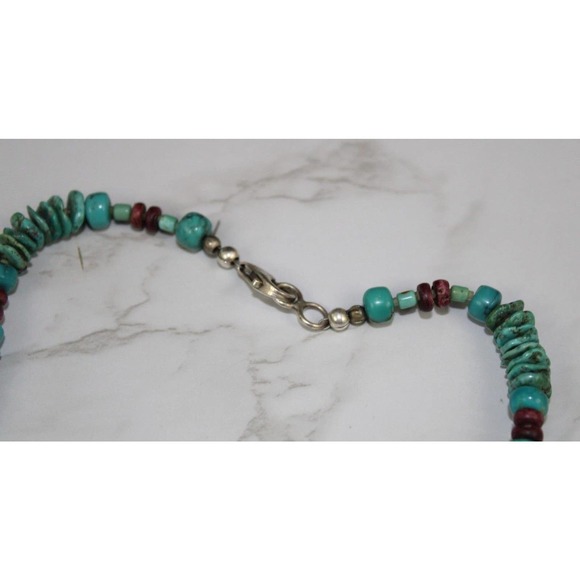 Navajo Heishe Graduated Turquoise, Orange Oyster and Sterling Silver Necklace 9\
